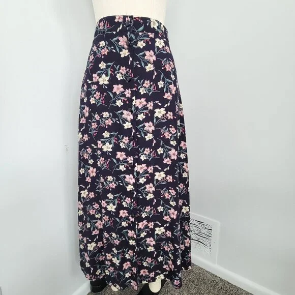 Vintage 90s FSTOP 2 Piece Navy Floral Maxi Button Front Skirt & Matching Vest - Picture 10 of 14